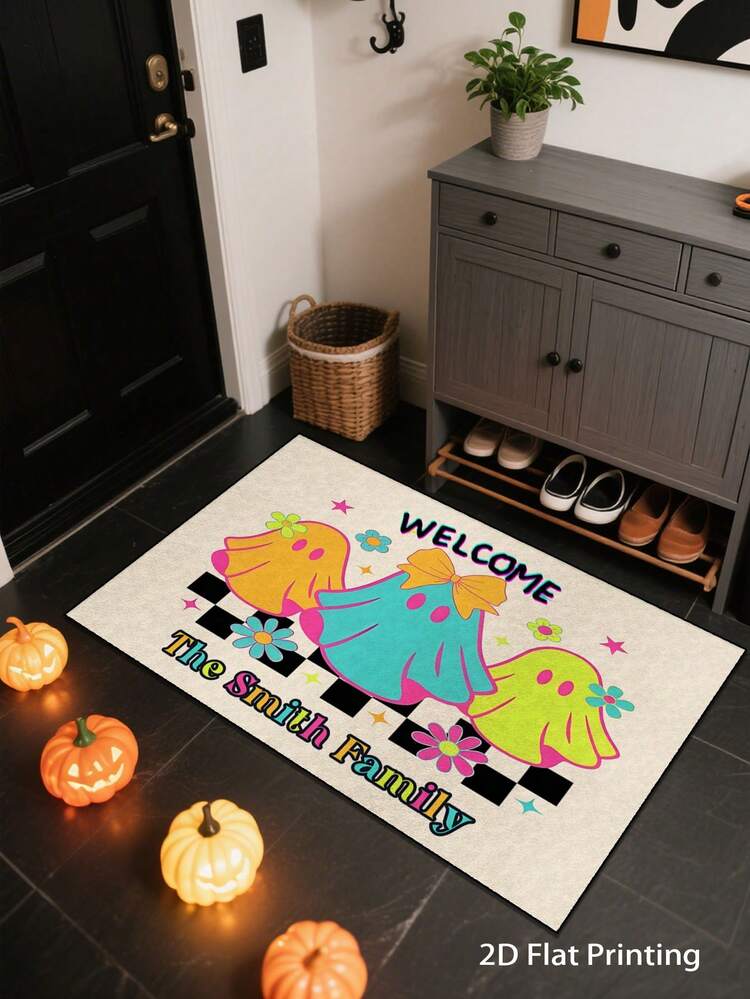 1pc Halloween Element High Saturation Cool Ghost Customizable Text Decorative Doormat - Design, Non-Fading, Suitable For Bedroom, Study, Computer Room, Indoor/Outdoor Entrance, Ideal Halloween Gift For Family, 40*60/50*80/40*120cm - Multicolor Edging DD - View 3