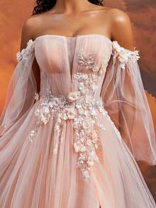 Elisanya Elegant Blush Pink Off-Shoulder Long Tulle Gown, 3D Floral Applique High Slit Evening Dress, Women Formal Dreamy Princess Prom Gown, Glamorous Party Dress Wedding Guest Dress - Baby Pink - View 11