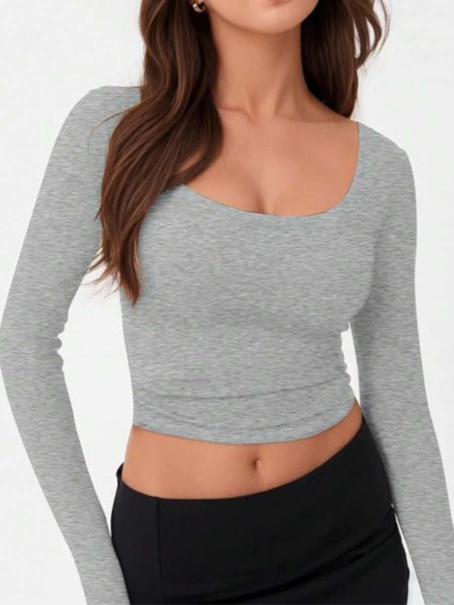 Women's Long Sleeve Square Neck Crop Tops, Ribbed Knit Slim Fitted Casual Basic Y2K Crop Top Tee Blouse Retro - 花灰 - 查看 1