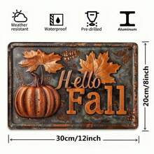 Rustic Hello Fall Metal Sign  Embossed Pumpkin Maple Leaf Wall Decor  Autumn Farmhouse Kitchen Art  Vintage Fall Harvest Greetings Plaque  Thanksgiving Home Decor Metal Wall Art