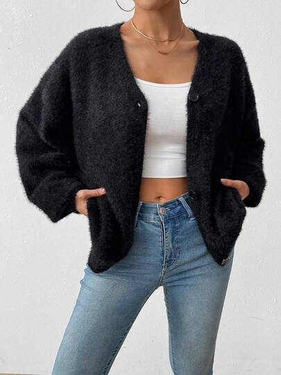 女士纯色落肩长袖单排扣休闲开衫，优雅迷人的仿毛皮毛衣，黑色