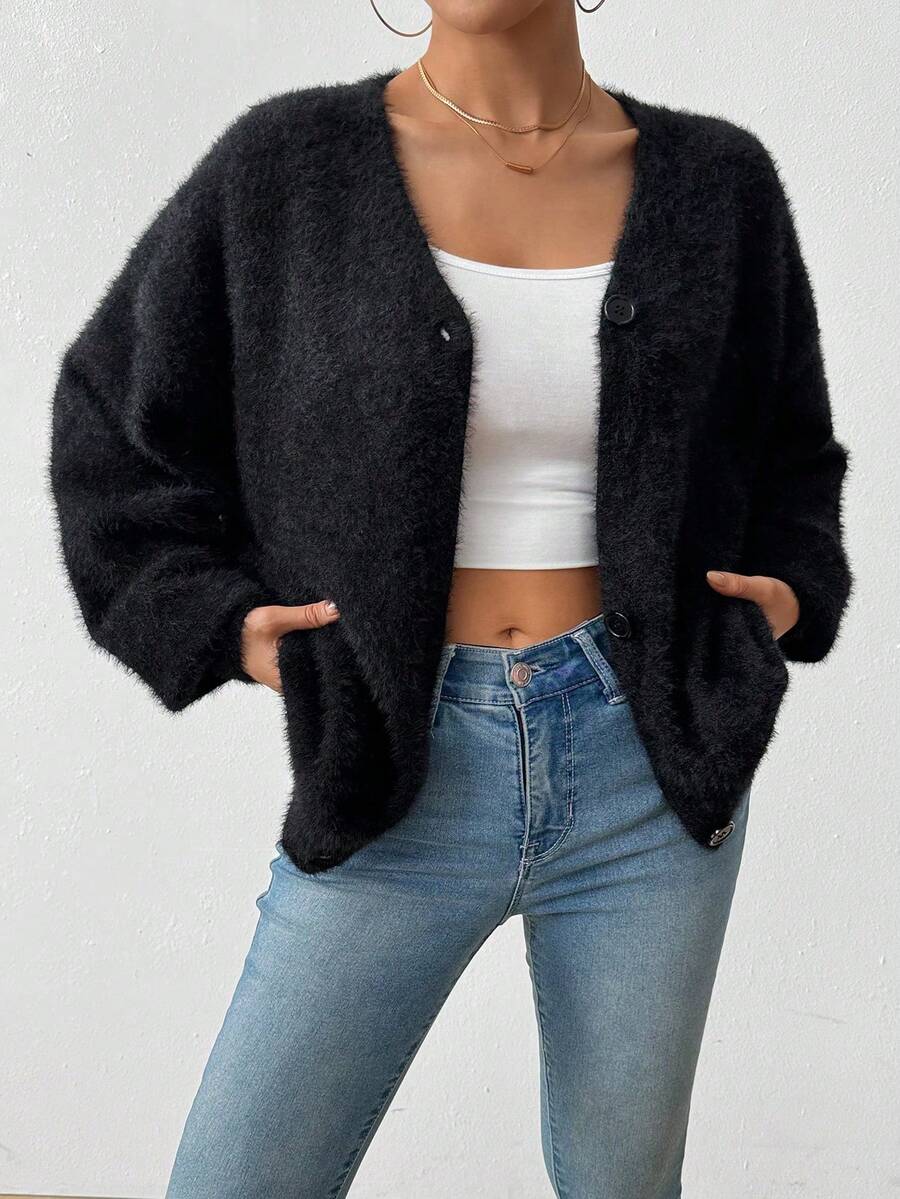 Áo khoác cardigan dáng rộng tay dài trễ vai màu trơn đơn giản cho nữ, áo len lông nhân tạo thanh lịch và quyến rũ, màu đen - màu đen - Xem 1