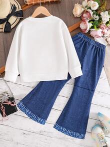 Toddler Butterfly Pattern Warm Crew Neck Sweatshirt And Denim Effect Flared Pants Set