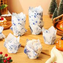 200 Pcs Chinoiserie Blue White Flower Tulip Cupcake Liners Paper Mini Baking Cups Cupcake Wrappers Muffin Liners For Wedding Tea Party Bridal Baby Shower Decoration