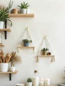 1pc Boho Chic Hanging Floating Shelf With Faux Ivy Garland Rustic Wooden Floating Shelves For Plant Display, Photo Frames, And Decorative Accents, Easy Assembly, Perfect For Bohemian Home Decor, Boho Wall Decor