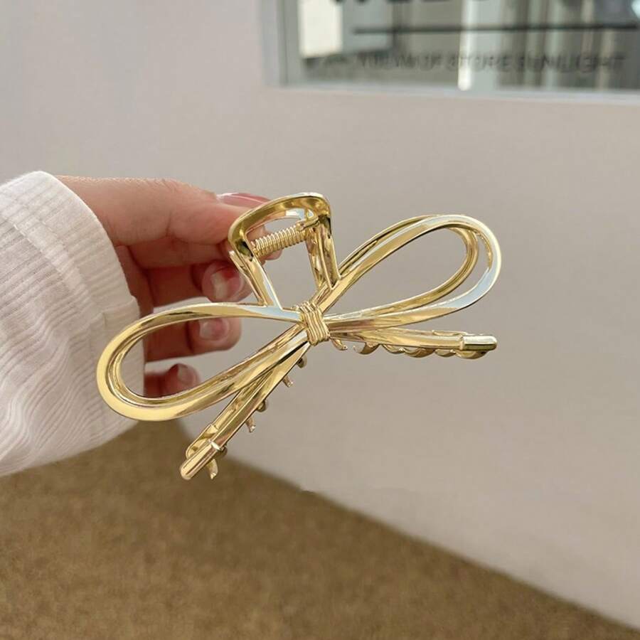 1 PC Golden Bowknot Hair Claw Clip Alloy,Elegant Non-Slip Strong Hold Grip Hair Jaw Clip,Non-Slip Alloy Design For Thick Hair,Hair Catcher Clip,School Stuff, College - 金色 - 查看 1