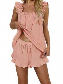 Women's Summer Lounge Set Ruffle Shoulder Strap Tank Tops Drawstring Shorts Sleepwear Sets - Màu Hồng  San hô - Xem 6