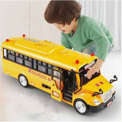 1件儿童校车玩具，男女童通用，带声光效果，适用于模拟城市游戏中的汽车和巴士模型。