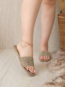 Sandalias tipo pantufla para mujer, plano con textura cocodrilo, punta cuadrada, diseño minimalista, casual para vacaciones - Chita Camel - Ver 2