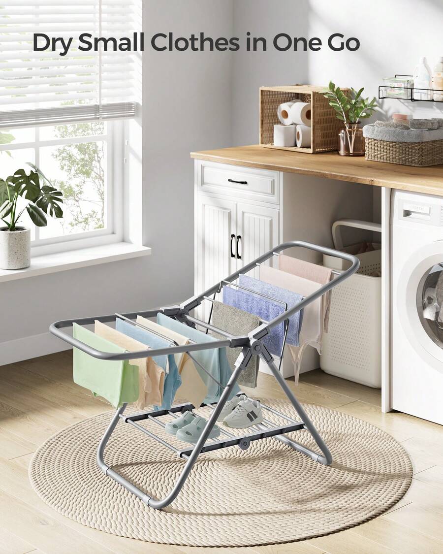SONGMICS Space-Saving Clothes Dryer Foldable Laundry Drying Rack, 2-Level Small Clothes Airer For Towels, Bathroom, And Balcony Drying Rack Clothing, Grey - 灰色 - 查看 1