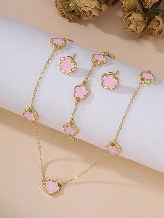 3 件套：1 条吊坠项链 + 1 条手链 - 1 对耳环，时尚奢华个性化简约金色三叶草花椭圆形，铜色，适合作为女友、婚礼、毕业典礼、约会礼物