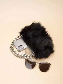 Minimalist Chain Fuzzy Shoulder Bag - 黑色 - 查看 7