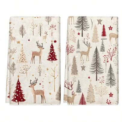 1 set/1 pezzo/2 pezzi/100 pezzi Asciugamani da cucina e panni per piatti con stampa di alberi di Natale e renne, adatti per ristorante, cucina e decorazione d'interni del bagno, decorazione per feste, regali per le vacanze, possono essere utilizzati come regali di Natale