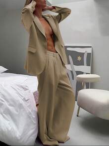 Women's Business Suit Two-Piece Set - Elegant Single Breasted Suit Paired With Slim Pants | Business Casual Office Suit And Daily Suit, Suits For Woman Set - 卡其色 - 查看 4