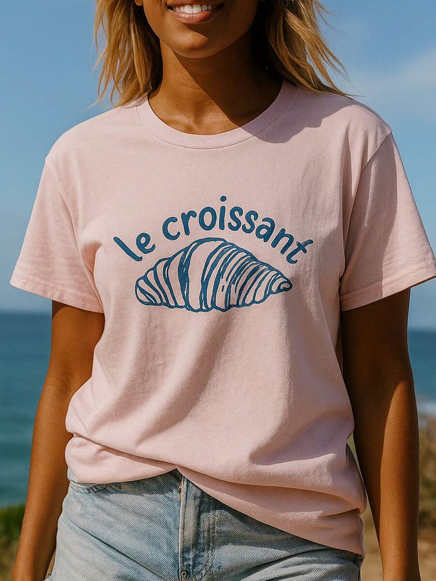 Women's Summer Casual Loose Soft 100% Cotton Crew Neck Short Sleeve Pink T-Shirt,Croissant Graphic Print Design - 粉色 - 查看 1