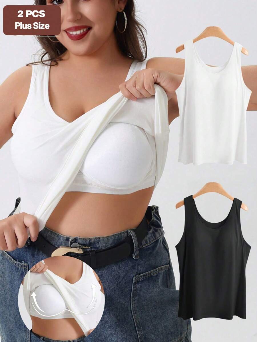 2pcs/Set Plus Size Women Camisole Tank Tops With Padded Bra, Seamless Adjustable Strap, Round Neck, Slimming, Elastic, Comfortable, Sleeveless Undershirt - Multicolor - View 1