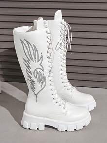 Botas bordadas para mujer 2025, botas de montar de suela gruesa y caña alta, botas altas con cordones hasta la rodilla, otoño/invierno