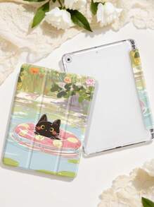 Husă pentru iPad cu tema "Pisicuță înotătoare" compatibilă cu iPad Air 4/5 10,9 inch, iPad 7/8/9 10,2 inch, slot încorporat pentru creion, compatibilă cu Samsung Tab S6 10,4 inch, Tab A7 Lite 8,7 inch, husă din piele în stil interior, cadou de Ziua Îndrăgostiților, cadou de Anul Nou