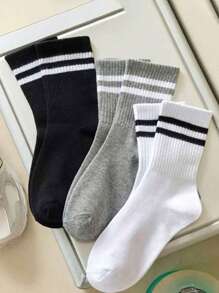 3/6 pares de meias unissex de cano médio, pretas/brancas/cinzas, com listras duplas, para atividades ao ar livre, meias casuais de cano médio, meias de inverno unissex, meias grossas, meias altas, meias de outono