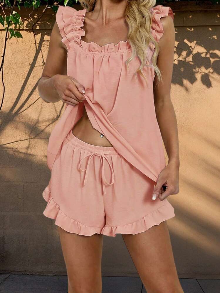 Women's Summer Lounge Set Ruffle Shoulder Strap Tank Tops Drawstring Shorts Sleepwear Sets - Baby Pink - View 2