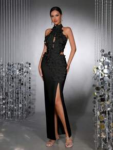 全新时尚白色碎花 3D 性感立领无袖镂空露背高开衩绷带连衣裙，优雅女士正式晚礼服，适合婚礼、派对、节日 - 黑色 - 查看 2