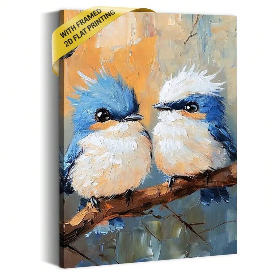 1pc 30*40cm(12x16inch) Vintage Style Canvas Wall Art Decoration Abstract Cartoon Tufted Titmouse Birds Canvas Print Modern For Home Office Bathroom Living Room Hallway Dining Room Bedroom Decoration.Stretched And Framed Ready To Hang.