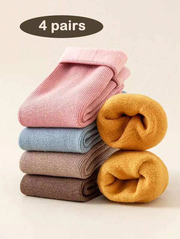 4 Pairs Soft & Warm Snow Socks, Casual & Cozy Wool Lined Winter Floor Socks