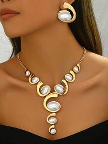 2 Stücke Schmuckset für Frauen - 1 Stück Y-förmige Halskette mit Farbverlauf ovaler Kunstperlen Schnecken Design, 1 Paar Schnecken Kunstperlen Ohrstecker, klassisch elegant vielseitig für den täglichen Gebrauch und Partys