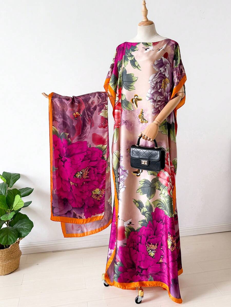 1 Set Tk Hot-Selling! Plus Size Long Shawl Set For Women - On Now! Faux Silk Floral Print Shawl & Scarf Set, Perfect For Beach Outings, Sun Protection, Layering, And Daily Wear! For Dress - Multicolor - View 1