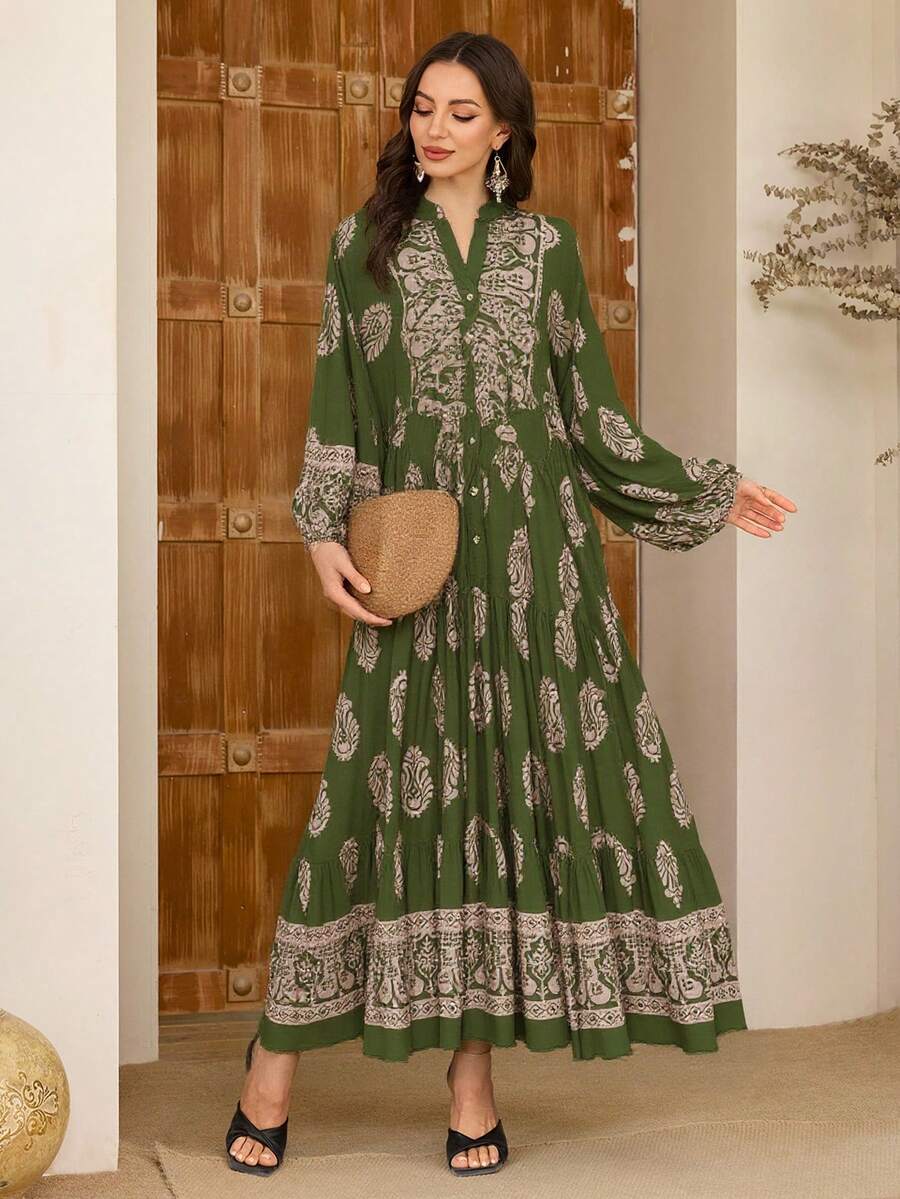 Plus Size Allover Printed Pattern Women's Long Dress Allover Print Floral Print Stripes Bohemian Embroidery Belt Ruffles - Green - View 1