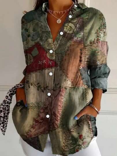 Plus Size Women Casual Long Sleeve Button-Up Shirt, Vintage Floral Print Loose Fit Versatile Blouse
