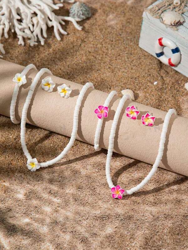 White Soft Ceramic Plumeria Flower Shaped Beach Vacation Decor Set, Summer Surfing Bracelet Necklace Travel Souvenir