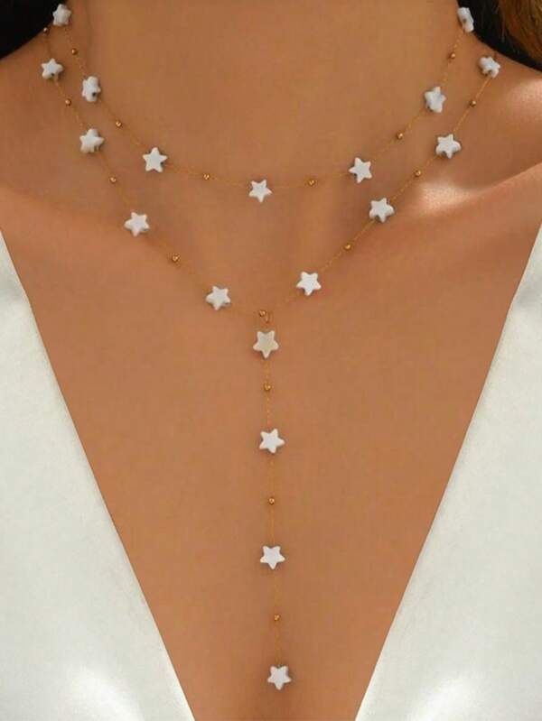 Naszyjnik z koralików w kształcie gwiazdy ze stali nierdzewnej, pozłacany naszyjnik w kształcie litery Y, uroczy styl odpowiedni na randkę lub prezent walentynkowy dla ukochanej osoby, seksowny dodatek w postaci łańcuszka obojczykowego (liczba gwiazdek jest losowa)