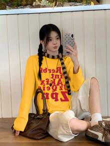 女士红色字母印花长袖 T 恤，休闲街头风格宽松棉质上衣，秋季 - 黃色 - 查看 6