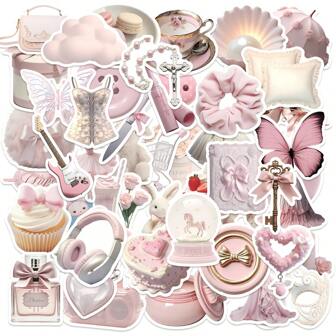 50pcs Pink Ins Style Ballerina Girl Cartoon Phone Case Stickers, Waterproof Decorative Stickers For Laptop