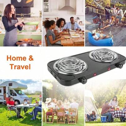 Portable Double-Burner Household Mini Electric Heating Stove And Charcoal Burner Hot Plate, Double Burner, 2000W Portable Electric Stove For Cooking With 5 Levels Adjustable Temperature & Dual Control, Countertop Double Coil Burner Cast Iron Cooktop For All Cookwares Home Camp RV