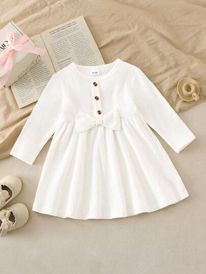 Toddler Girls' White Long Sleeve Bowknot Knee-Length Casual Cotton Ribbed Crew Neck Dress