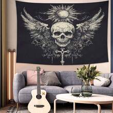 Gothic Skull Tapestry With Wings & Sun Motif - Peach Light Beige Fabric Wall Hanging For Dorm, Bedroom, Living Room - Lightweight Durable Decor, No Electricity Needed, Perfect Gift For Skeleton Lovers, Study Room Accent| Mystical Decor Piece| Easy Hang Design, Gothic Home Decor - Màu sắc hình ảnh - Xem 2