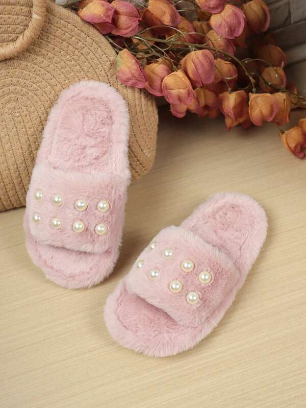 Chaussons moelleux pour filles, nouvelles mules plates polyvalentes de mode coréenne, chaussures antidérapantes légères et chaudes avec faux perles pour la maison, automne/hiver