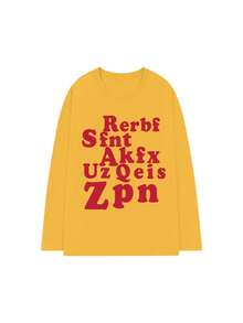 女士红色字母印花长袖 T 恤，休闲街头风格宽松棉质上衣，秋季 - 黃色 - 查看 9