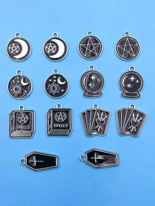 10Pcs/Pack Black Alloy Gothic-Style Halloween Decorative Charm Pendants, Include Moon Star Cross Magic Book Magic Ball, For Jewelry Making Earring Bracelet