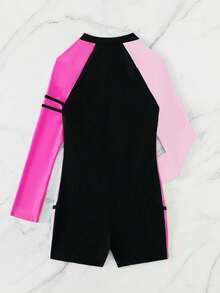 Swimming Color Block Front Zip One Piece Swimsuit, Surfwear - Hồng - Xem 3