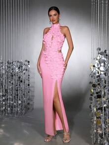 Nouvelle robe longue élégante à col montant 3D floral sexy, sans manches, dos nu, fendue haute. Robe de soirée formelle pour femmes pour mariage, fête, vacances