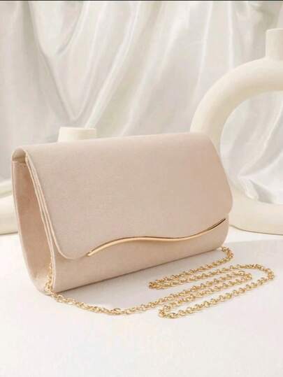 Beige Large Women's Clutch Bag,  With Detachable Chain Strap, Suitable For Weddings And Formal Occasions, Made Of Velvet Material,Bride