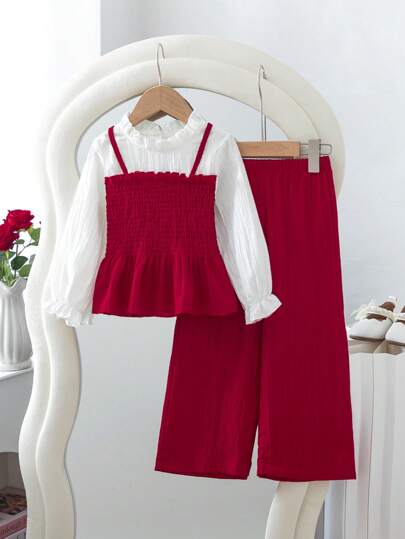 2pcs Young Girl Fashion Casual 2 In 1 Contrast Color Sleeveless Drawstring Waist Long Sleeve Ruffle Collar Top And Elastic Waist Straight Leg Pants Set, Suitable For Daily, Home, Outdoor Wear, Spring/Autumn