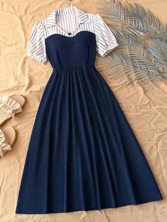 女士优雅撞色条纹拼接长裙