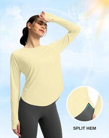 Womens Shirts UPF 50+ Lightweight Quick Dry Long Sleeve Workout Hiking Tops Outdoor - 淡黃色 - 查看 3
