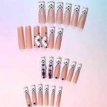 Long Nail Press Ons Square Press On Nails White French Fake Nails Nude Full Cover False Nails With 3D Flower Butterfly Designs Sparkly Glue On Nails Fall Winter Stick On Nails For Women 24Pcs - 長款-C5C25 - 查看 3