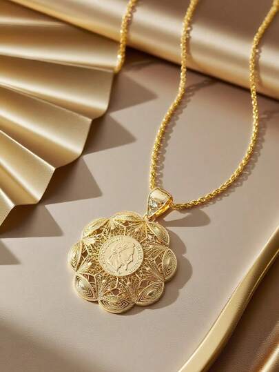 1pc Flower Shaped Gold Plated Pendant Necklace, Middle Eastern & European Commemorative Coin Jewelry, Women's Wedding & Gift Jewelry