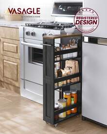 VASAGLE Carrello Stretto a 4 Ripiani, Carrellino da Cucina con Rotelle Maniglia, per Spazio Ridotto, 15 x 43,2 x 86,5 cm, Bagno, Lavanderia, Nero Ebano e Marrone Vintage - nero - Visualizzare 1